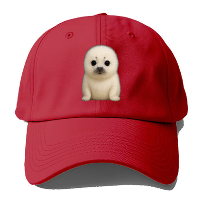 Baby Harp Seal - pure white fluffy fur, enormous dark eyes, front-facing, iconic cute - Baseball Cap - Red