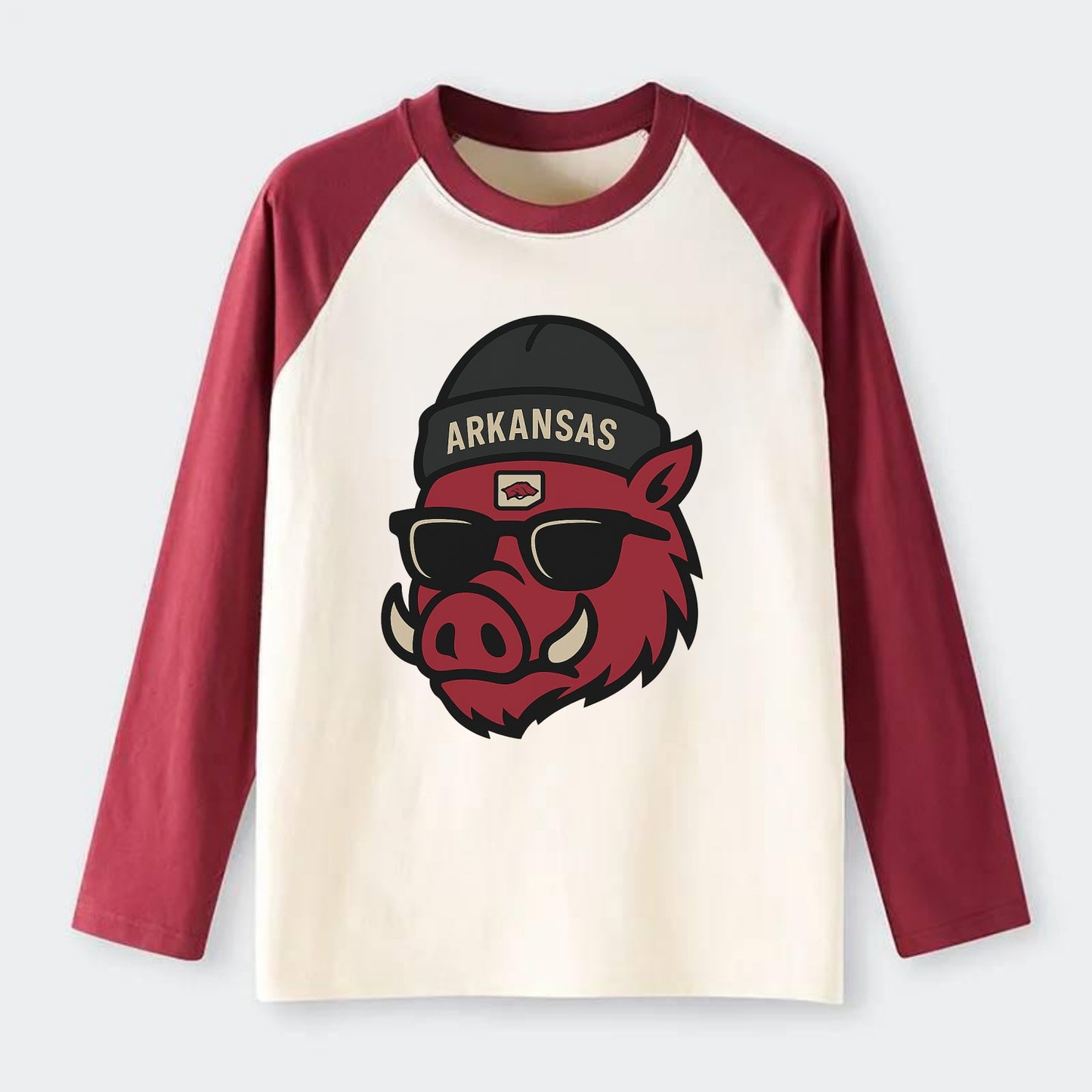 Fayetteville Razorback wearing Arkansas beanie with hog patch - Raglan Long Sleeve T-Shirt - Red