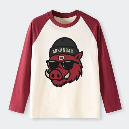 Fayetteville Razorback wearing Arkansas beanie with hog patch - Raglan Long Sleeve T-Shirt - Red