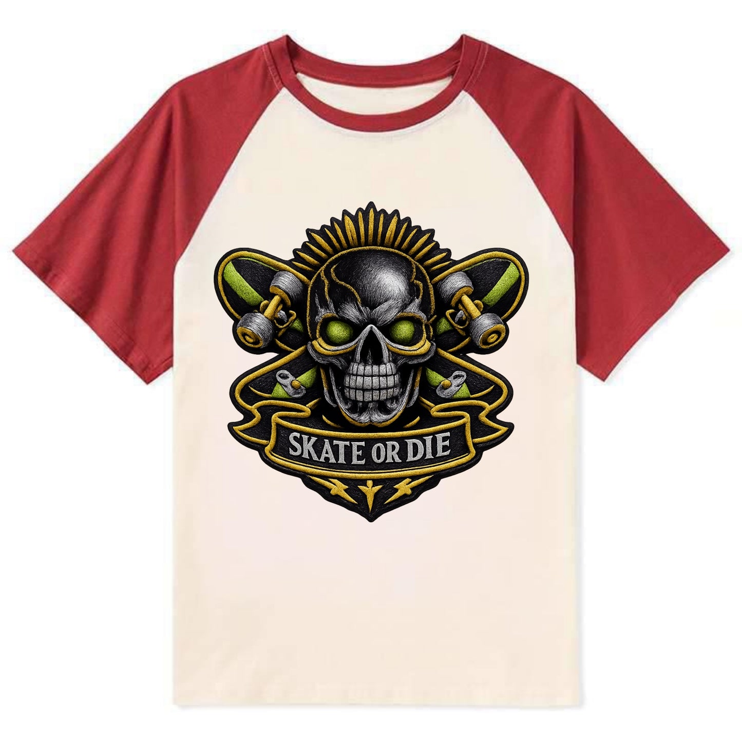 Embroidered patch design - SKATEBOARD SKULL - skull with skateboard in - Contrast Raglan T-shirt - Red