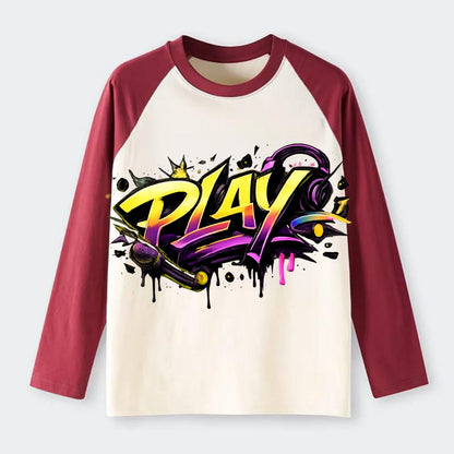 Bold typography design - "PLAY" - creative expression, musical - Raglan Long Sleeve T-Shirt - Red