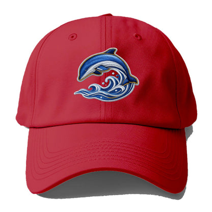 Embroidered patch design - SWIMMING DOLPHIN - diving dolphin with waves in blue and - Baseball Cap - Red