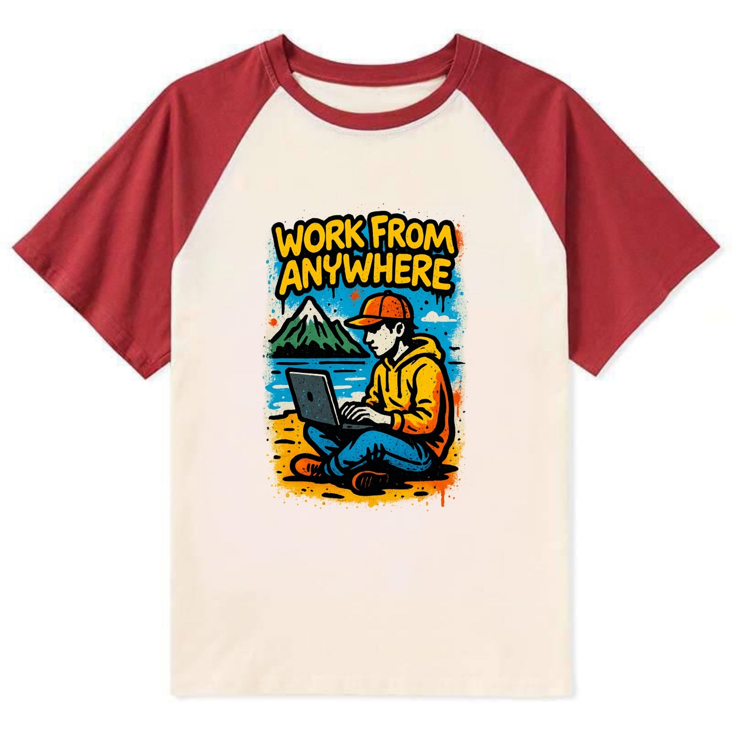 Digital nomad with laptop on beach/mountain - work from anywhere - Contrast Raglan T-shirt - Red