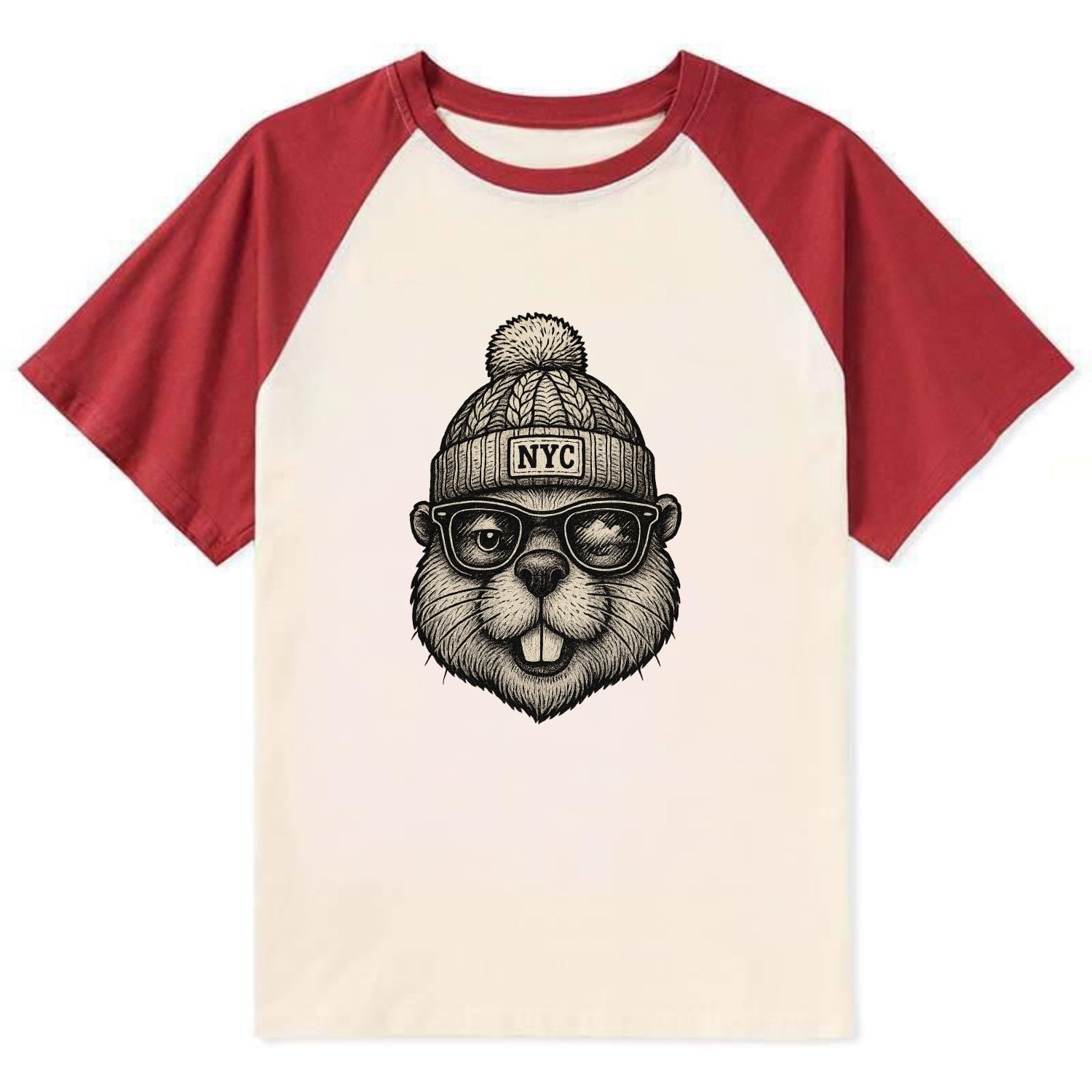 New York Beaver wearing NYC beanie with pom pom and wayfarer sunglasses - Contrast Raglan T-shirt - Red