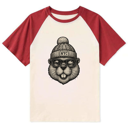 New York Beaver wearing NYC beanie with pom pom and wayfarer sunglasses - Contrast Raglan T-shirt - Red