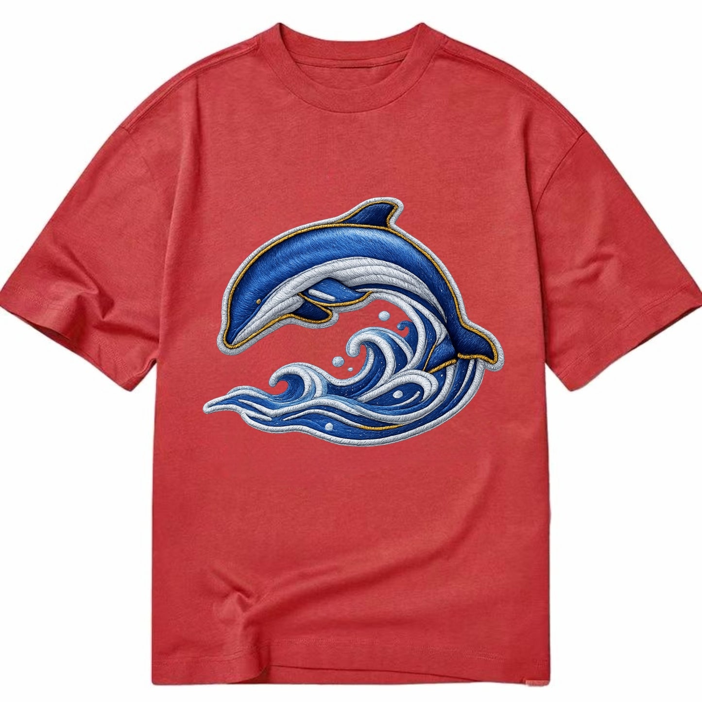 Embroidered patch design - SWIMMING DOLPHIN - diving dolphin with waves in blue - Classic T-shirt - Red