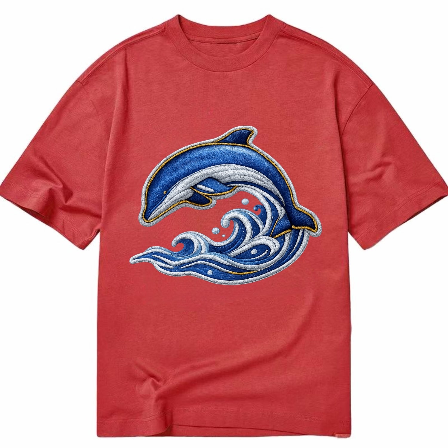 Embroidered patch design - SWIMMING DOLPHIN - diving dolphin with waves in blue - Classic T-shirt - Red