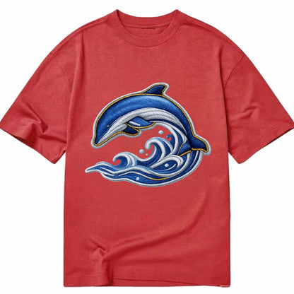 Embroidered patch design - SWIMMING DOLPHIN - diving dolphin with waves in blue - Classic T-shirt - Red