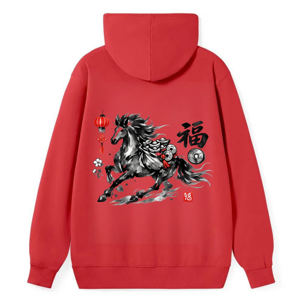 PROSPERITY HORSE | Horse carrying gold ingots and coins | Chinese knot - Classic Pullover Hoodie - Red