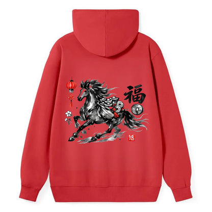 PROSPERITY HORSE | Horse carrying gold ingots and coins | Chinese knot - Classic Pullover Hoodie - Red