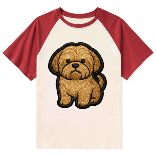Shih Tzu - Minimalist fluffy design with - Contrast Raglan T-shirt - Red