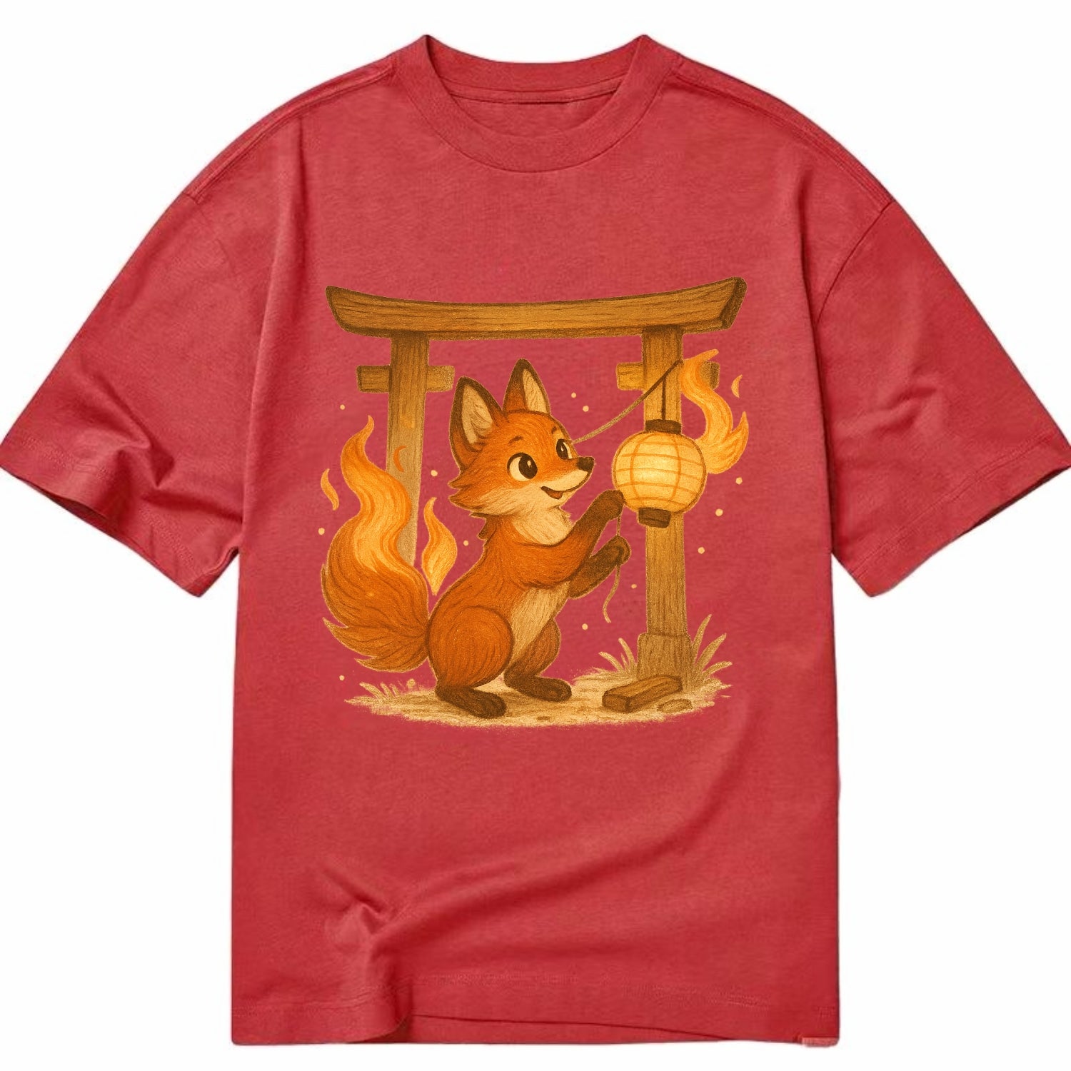 Foxfire kitsune stringing lanterns along a torii gate with tails of living flame - Classic T-shirt - Red