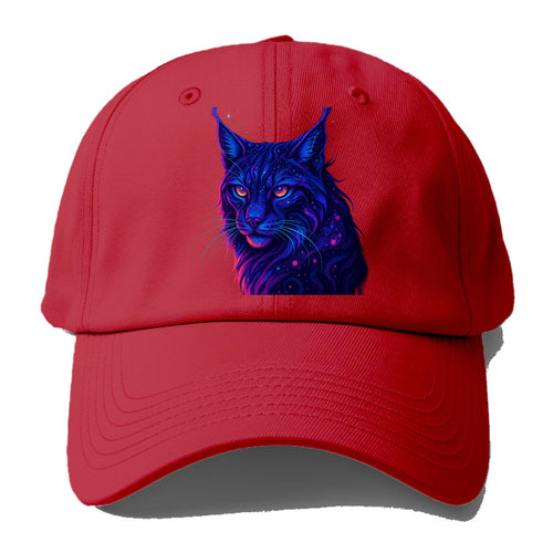 Stealthy lynx with ear tufts forming constellation patterns, nebula spots across the - Baseball Cap