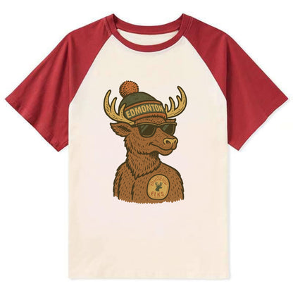 Edmonton Elk wearing Edmonton beanie with pom pom and wayfarer sunglasses - Contrast Raglan T-shirt - Red