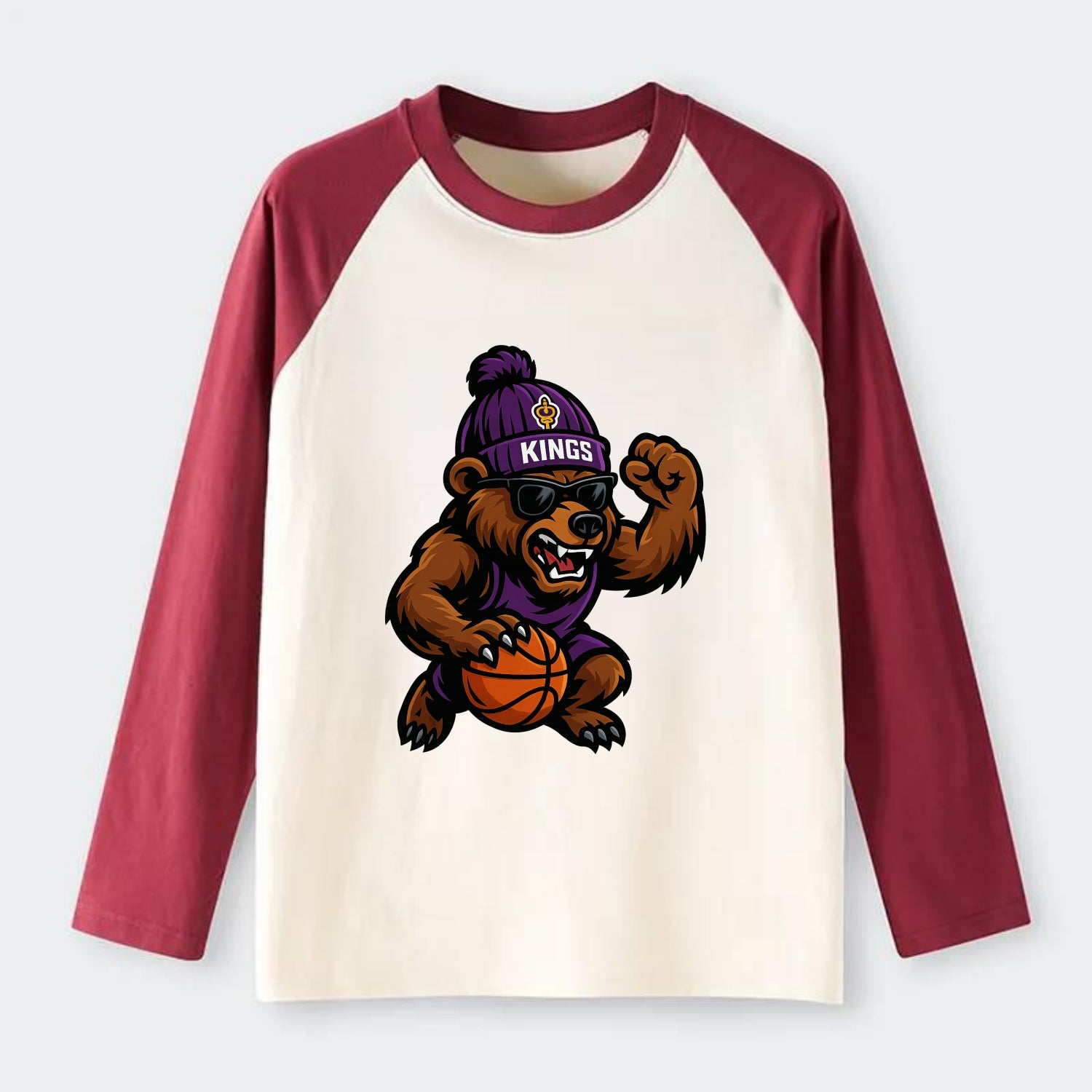 California Grizzly wearing Kings beanie with royal scepter patch and - Raglan Long Sleeve T-Shirt - Red