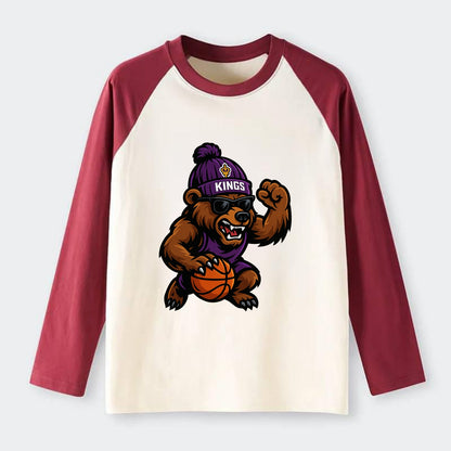 California Grizzly wearing Kings beanie with royal scepter patch and - Raglan Long Sleeve T-Shirt - Red