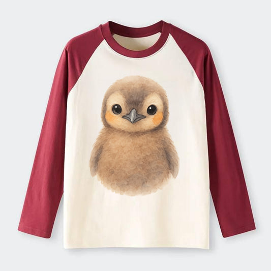 Baby King Penguin - orange cheek patches, fluffy brown, large eyes, - Raglan Long Sleeve T-Shirt - Red