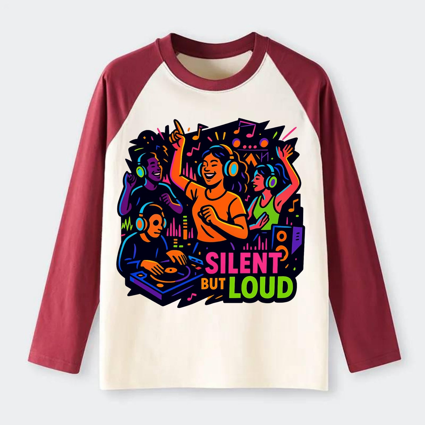 Silent disco dancers with glowing headphones - "Silent But Loud" - - Raglan Long Sleeve T-Shirt - Red