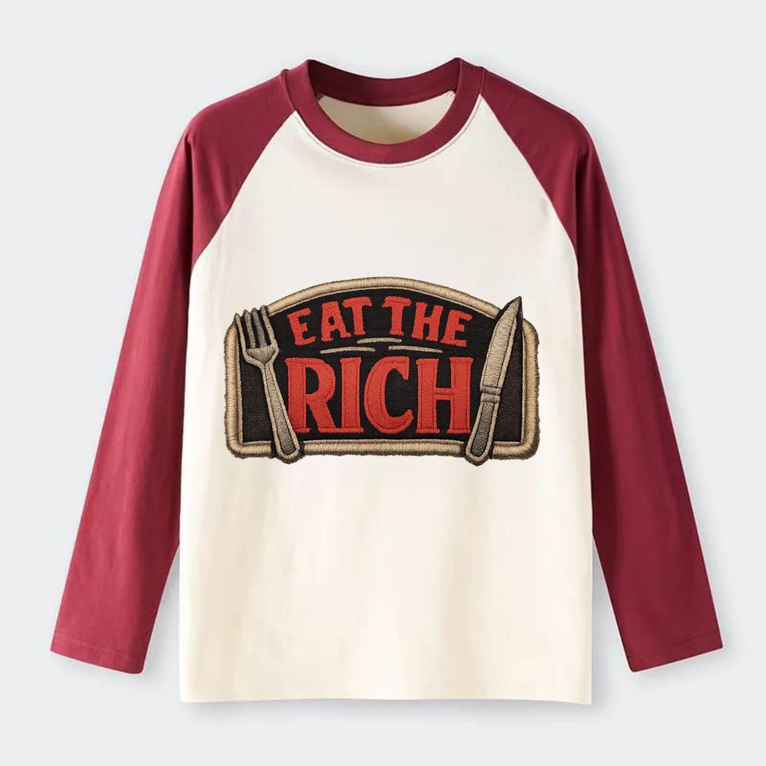 EAT THE RICH - fork and knife with text in red and silver , class war - Raglan Long Sleeve T-Shirt - Red