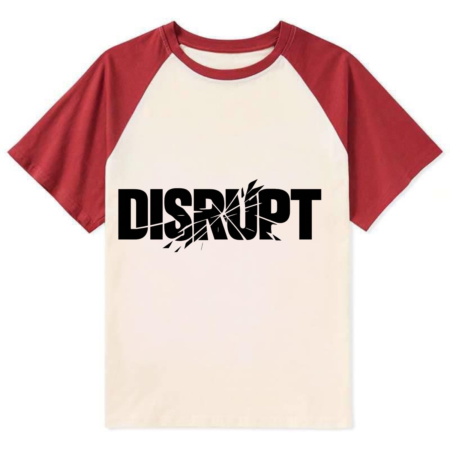 Bold typography design - "DISRUPT" - breaking patterns, changing game - Contrast Raglan T-shirt - Red