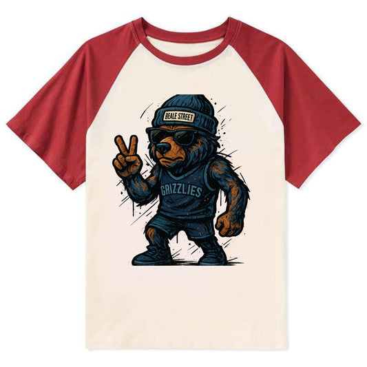 Memphis Grizzly Bear wearing Grizzlies navy and light blue beanie with - Contrast Raglan T-shirt - Red