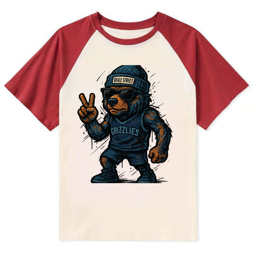 Memphis Grizzly Bear wearing Grizzlies navy and light blue beanie with - Contrast Raglan T-shirt