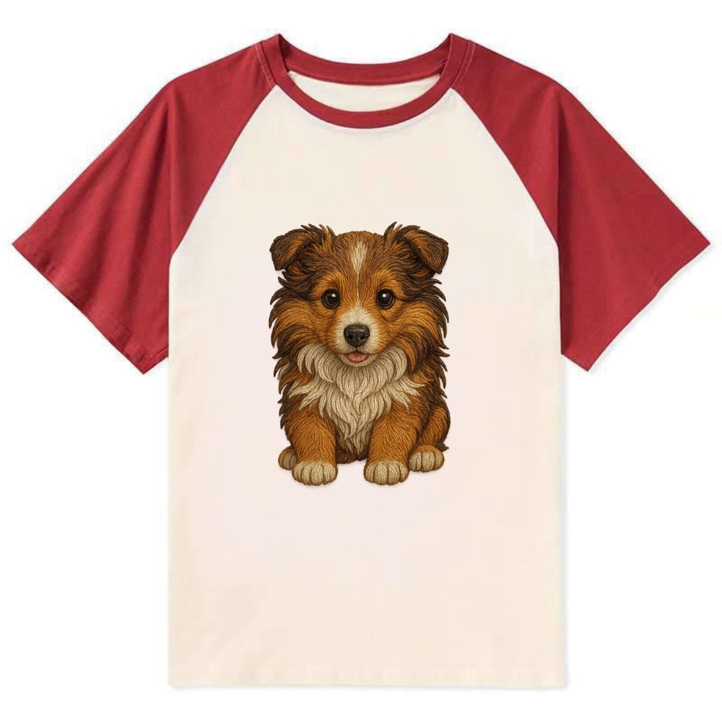Baby Shetland Sheepdog Puppy - mini collie look, flowing mane, - Contrast Raglan T-shirt - Red