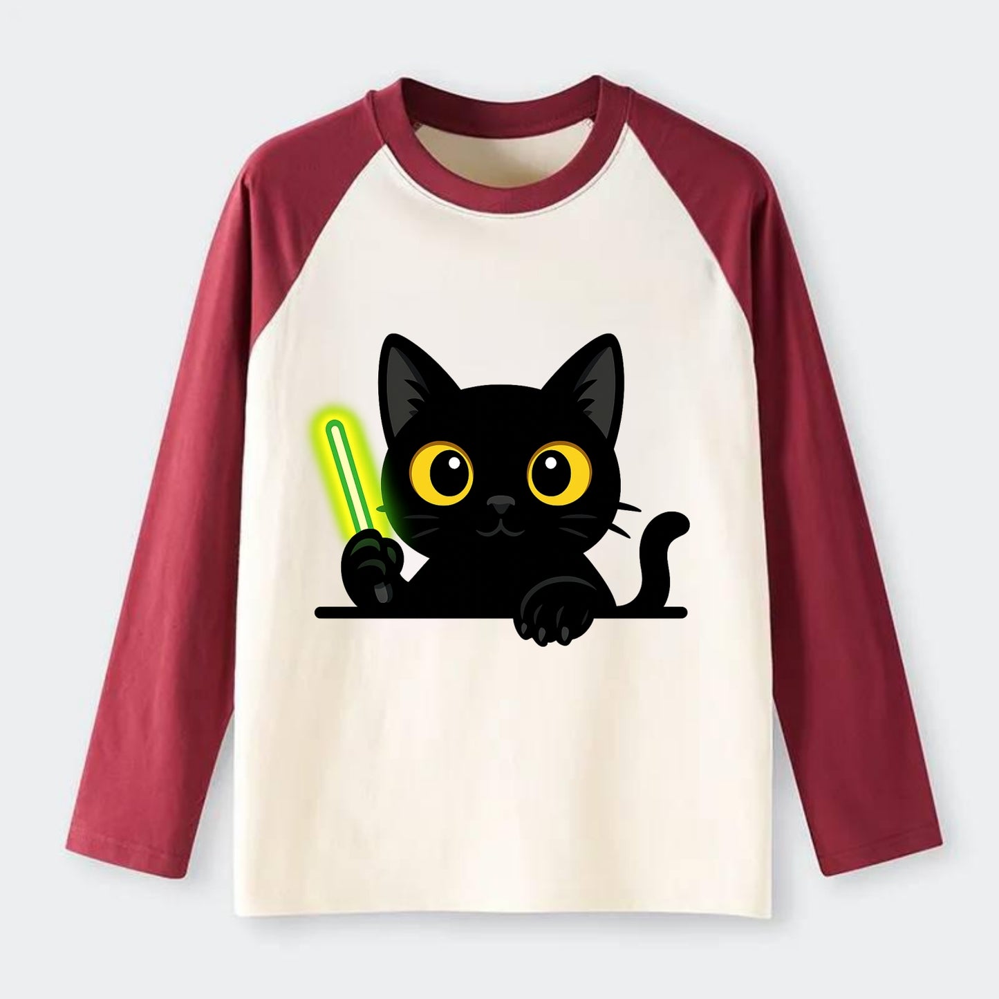 Midnight the black cat fist bumping the viewer with right paw extended. - Raglan Long Sleeve T-Shirt - Red