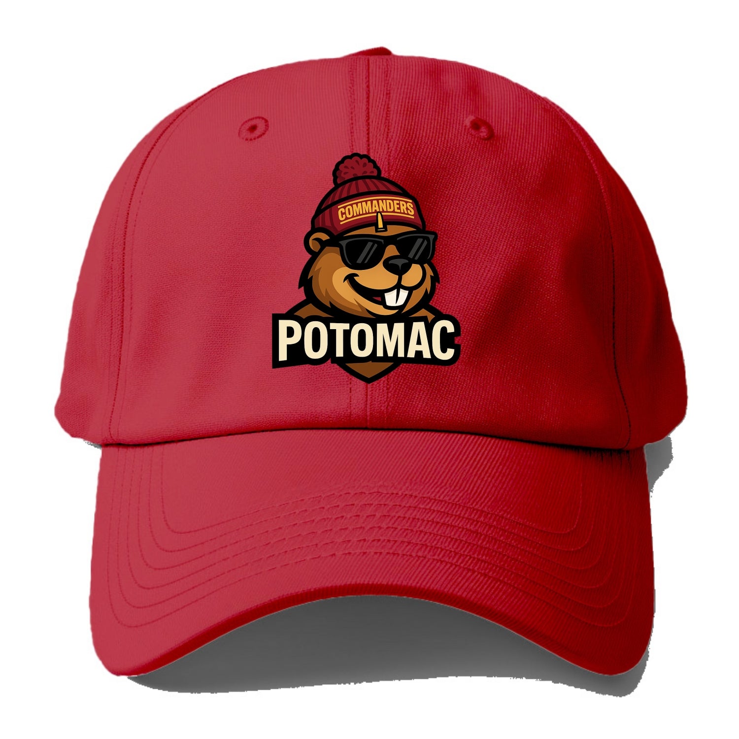 Potomac Beaver wearing Commanders beanie with monument patch and wayfarer sunglasses - Baseball Cap - Red