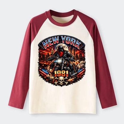 New York 1981 Biker - Raglan Long Sleeve T-Shirt - Red