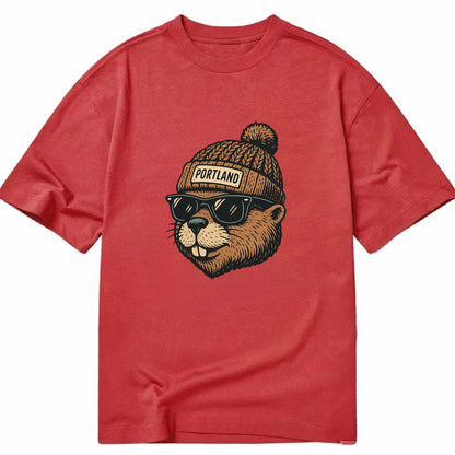Portland Beaver wearing Portland beanie with pom pom and wayfarer sunglasses - Classic T-shirt - Red