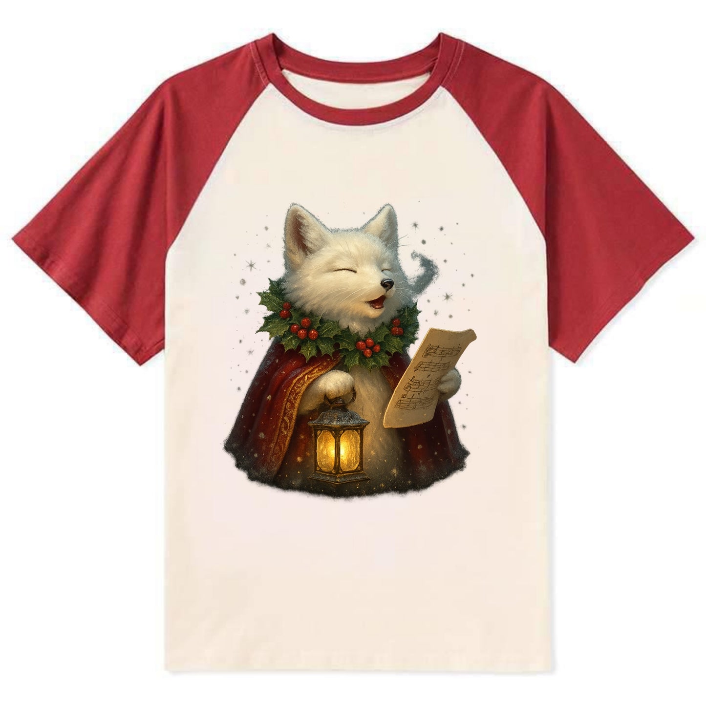 Snowbound Arctic Fox Caroler  - Contrast Raglan T-shirt - Red
