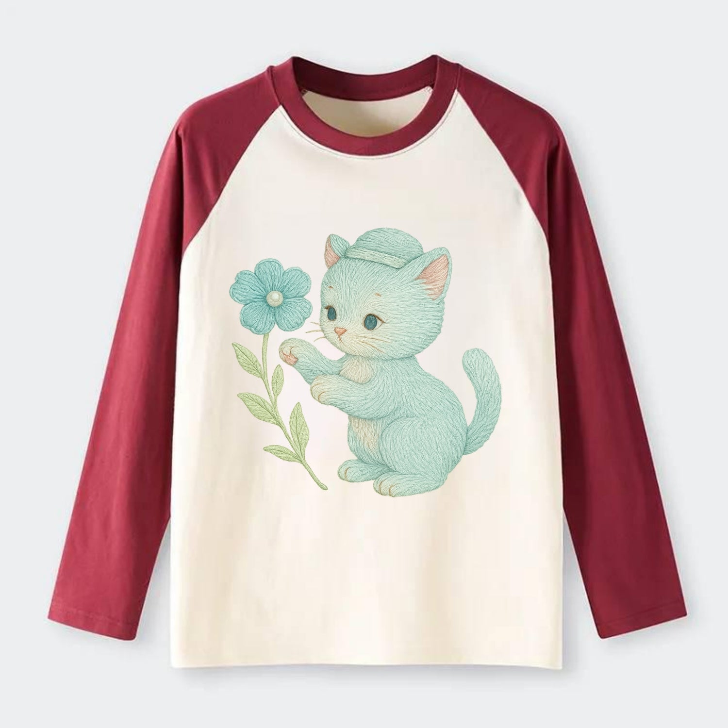 Aqua Kitten - Raglan Long Sleeve T-Shirt - Red