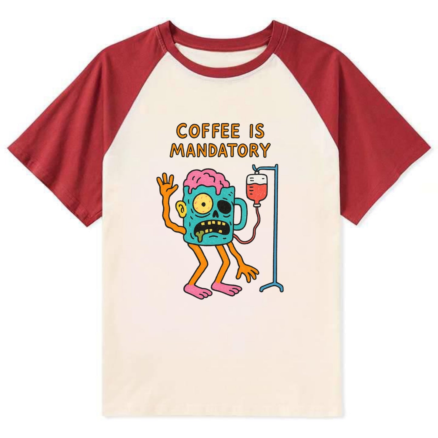 COFFEE IS MANDATORY | Zombie mug with IV drip - Contrast Raglan T-shirt - Red