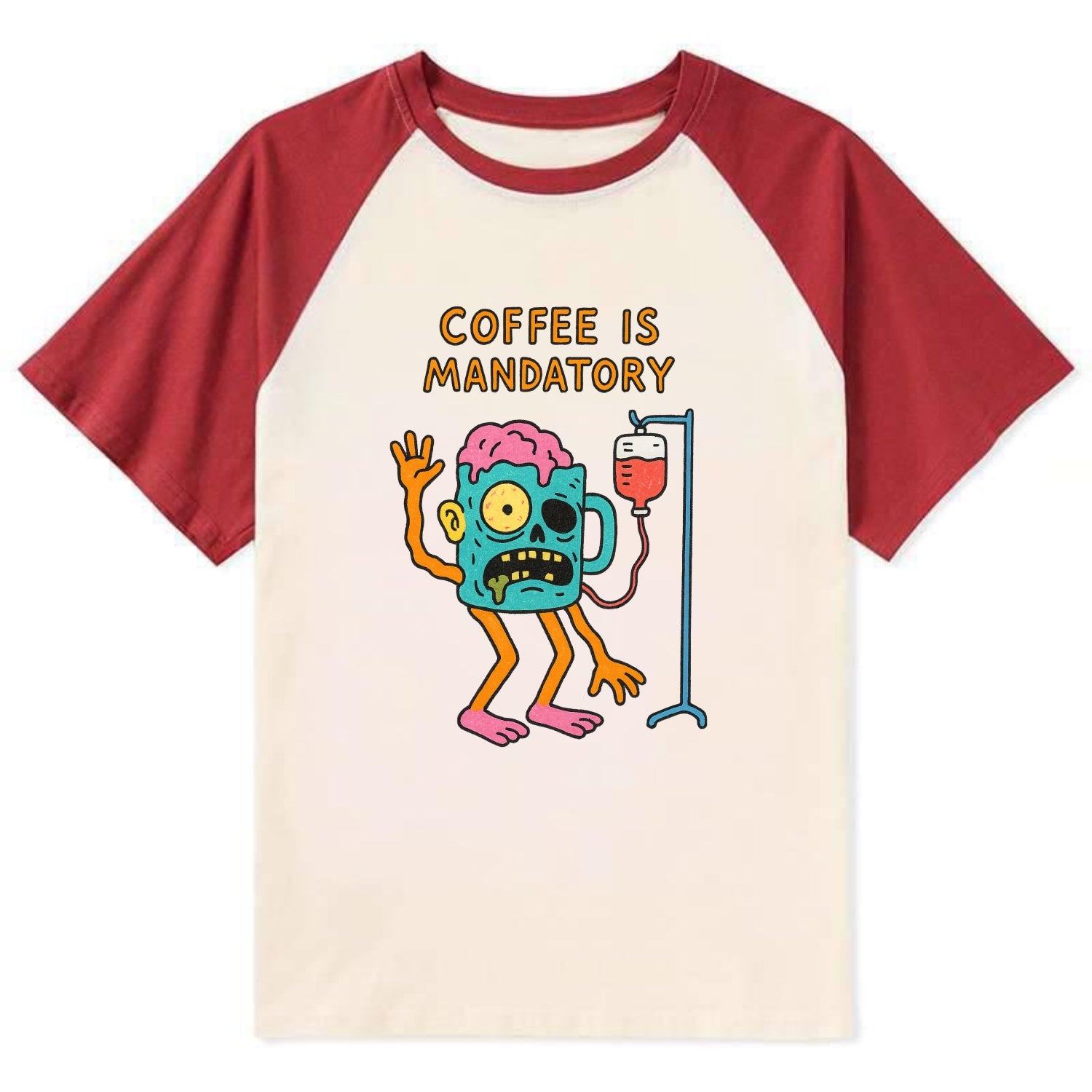 COFFEE IS MANDATORY | Zombie mug with IV drip - Contrast Raglan T-shirt - Red