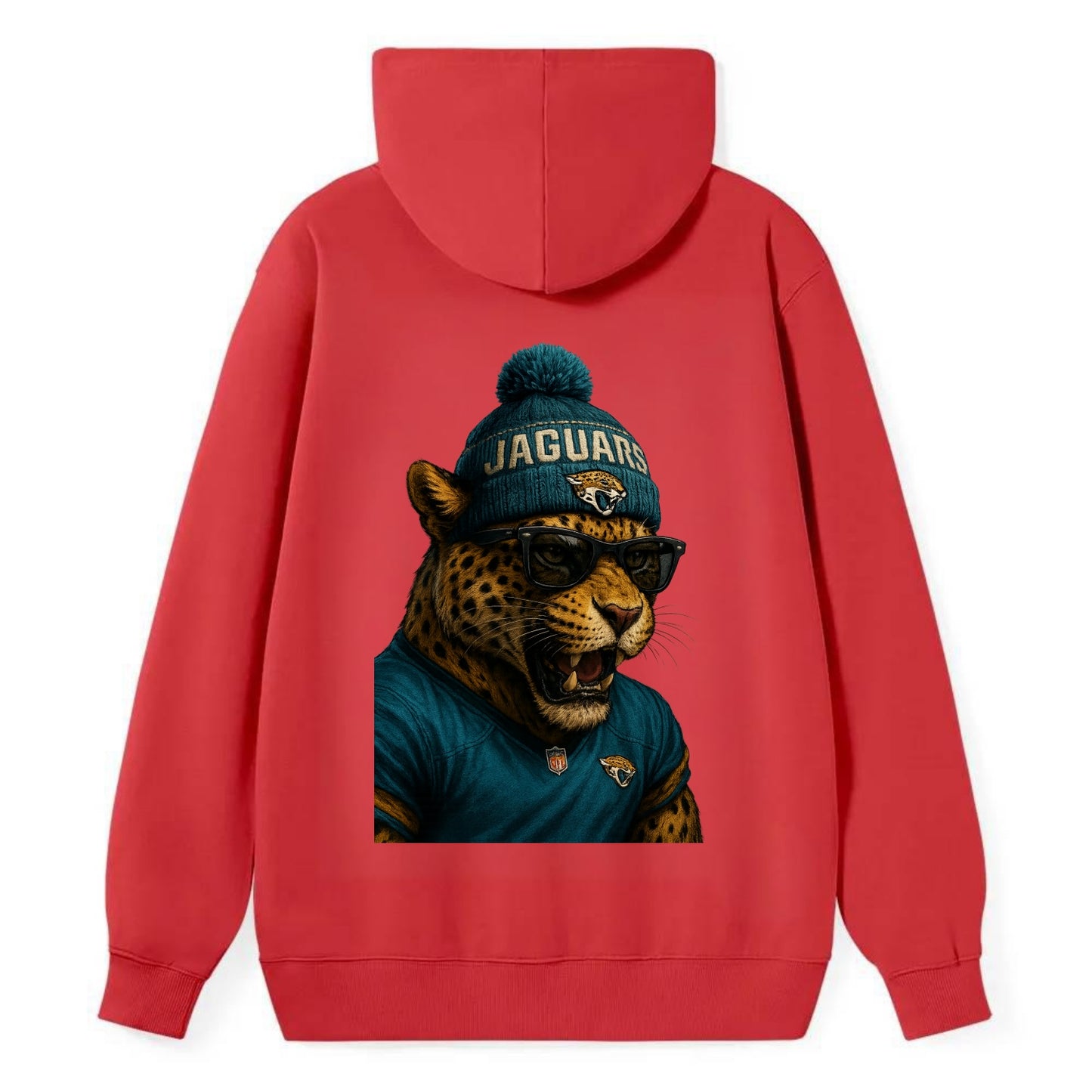 Jacksonville Jaguar wearing Jaguars teal and gold beanie with pom pom and - Classic Pullover Hoodie - Red
