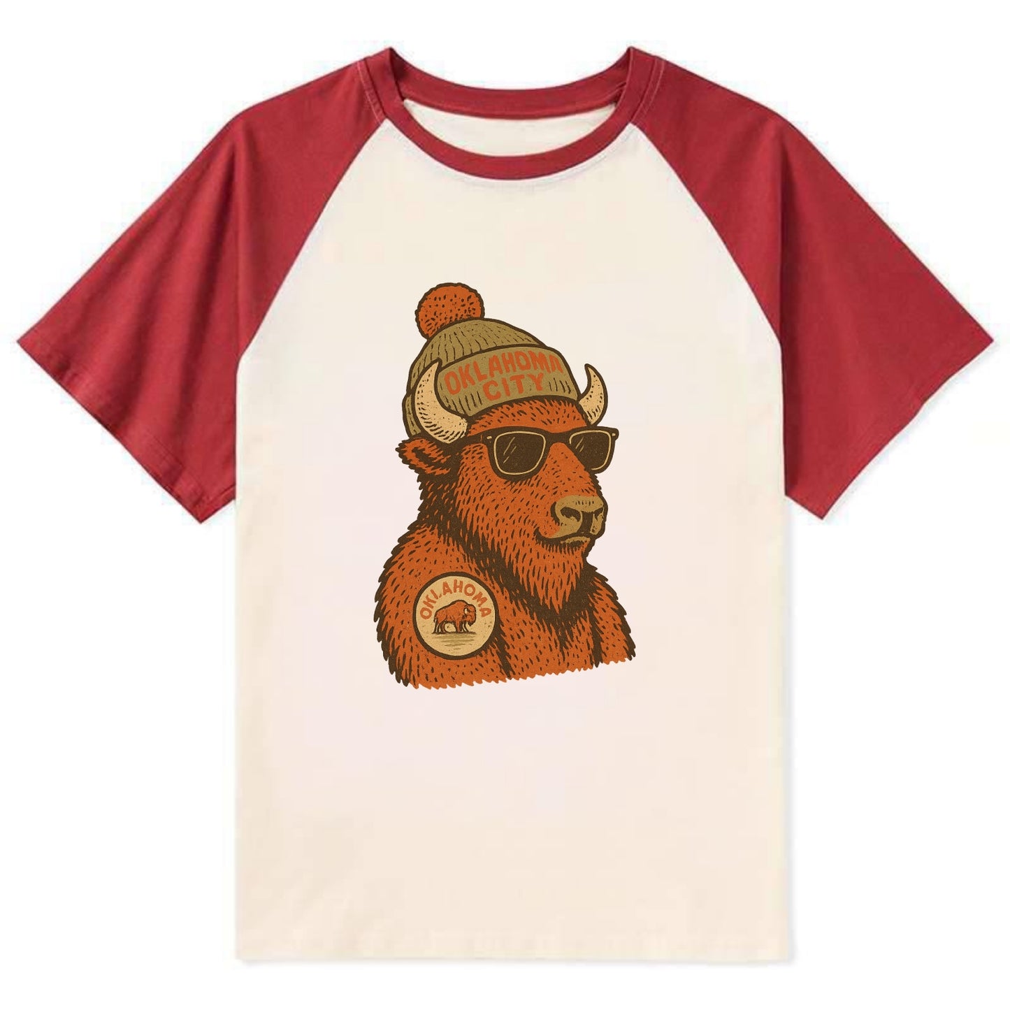 Oklahoma Buffalo wearing Oklahoma City beanie with pom pom and wayfarer - Contrast Raglan T-shirt - Red
