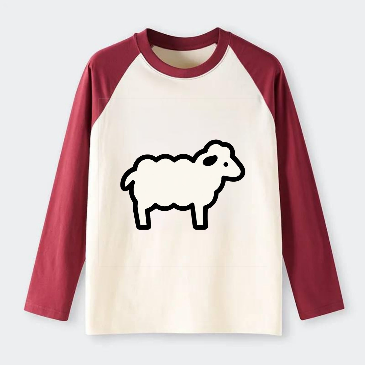 Sheep - White fluffy wool flat side profile - Raglan Long Sleeve T-Shirt - Red