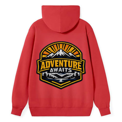 ADVENTURE AWAITS - mountain sunrise with text in gold and blue , - Classic Pullover Hoodie - Red