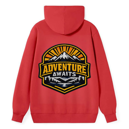 ADVENTURE AWAITS - mountain sunrise with text in gold and blue , - Classic Pullover Hoodie - Red