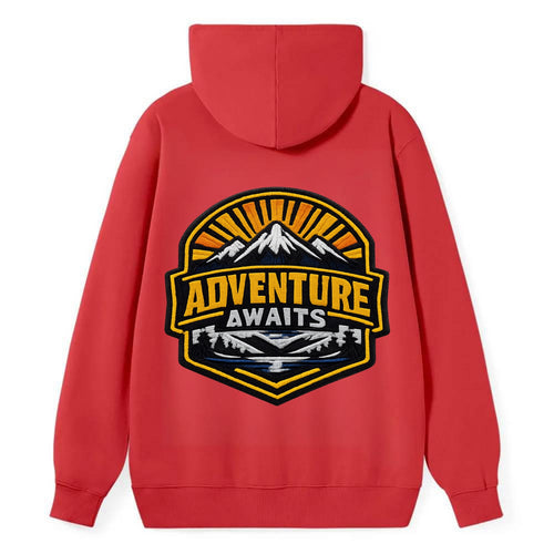 ADVENTURE AWAITS - mountain sunrise with text in gold and blue , - Classic Pullover Hoodie