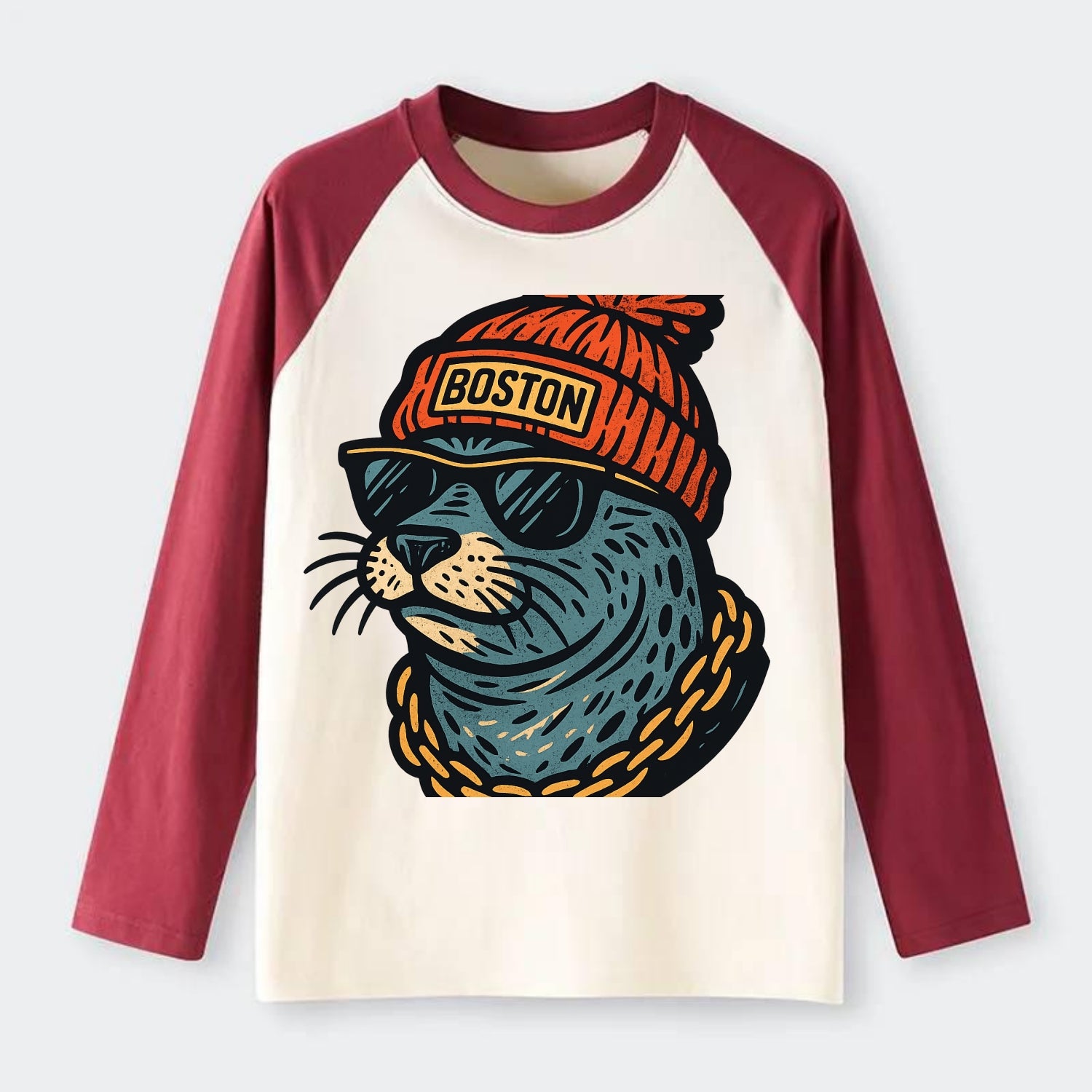 Boston Harbor Seal wearing Boston beanie with pom pom and wayfarer - Raglan Long Sleeve T-Shirt - Red