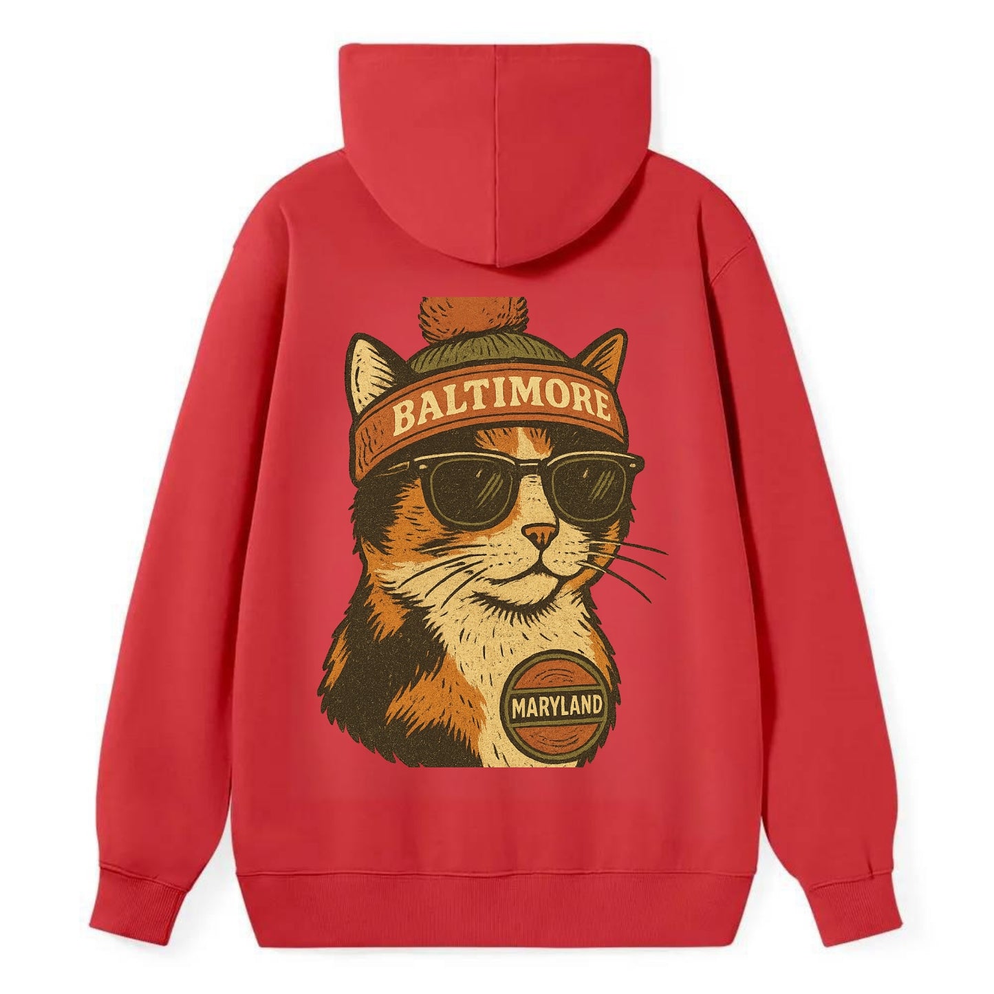 Maryland Calico Cat wearing Baltimore beanie with pom pom and wayfarer - Classic Pullover Hoodie - Red