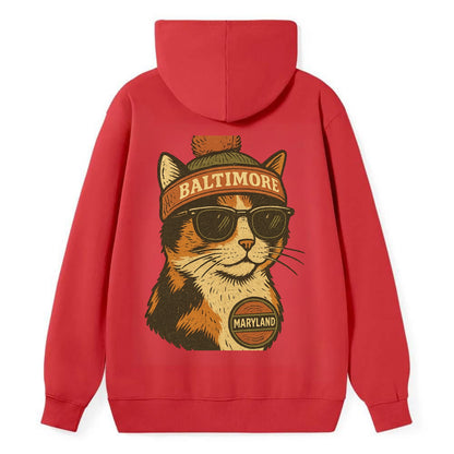 Maryland Calico Cat wearing Baltimore beanie with pom pom and wayfarer - Classic Pullover Hoodie - Red