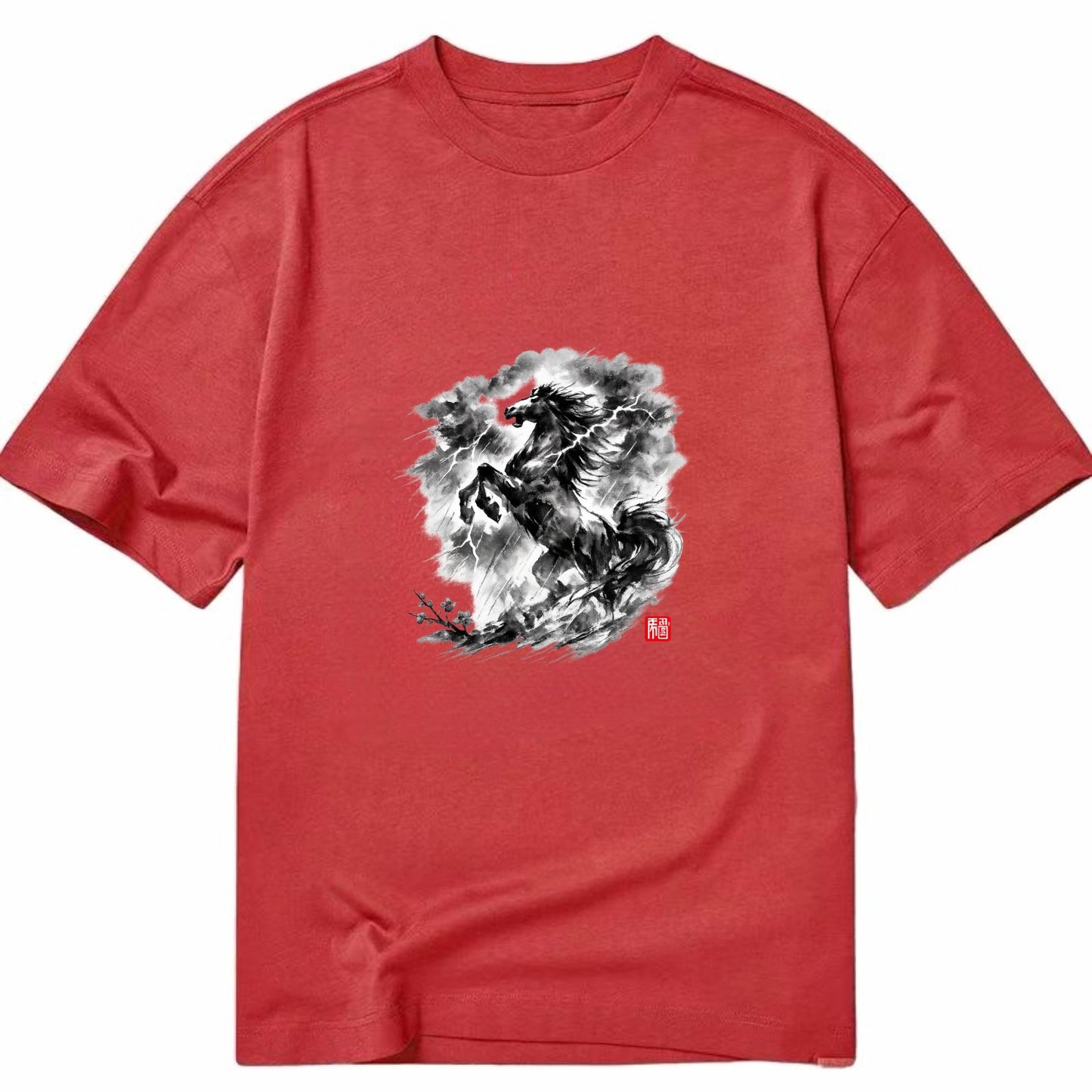 THUNDER HORSE | Storm horse with lightning elements | Dramatic storm clouds - Classic T-shirt - Red