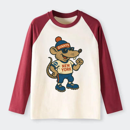 New York Rat wearing Giants beanie with subway patch and wayfarer - Raglan Long Sleeve T-Shirt - Red
