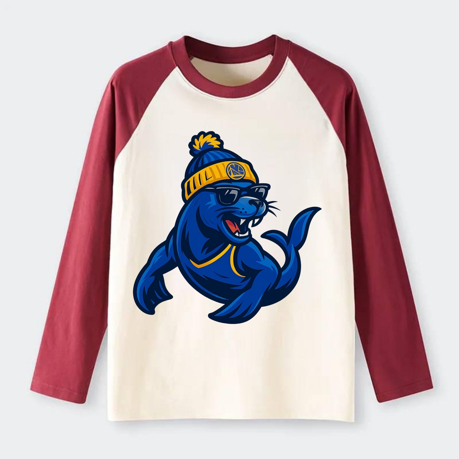 Bay Area Sea Lion wearing Warriors blue and gold beanie with Golden - Raglan Long Sleeve T-Shirt - Red