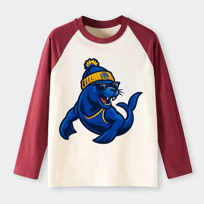 Bay Area Sea Lion wearing Warriors blue and gold beanie with Golden - Raglan Long Sleeve T-Shirt - Red