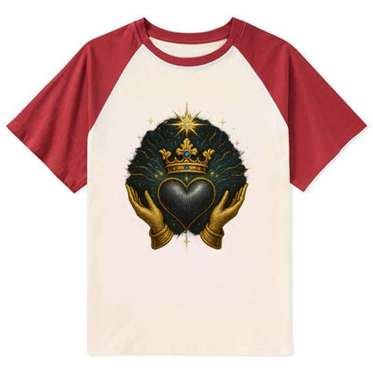 Pearl-studded tiara atop a satin-gunmetal heart supported by elegant - Contrast Raglan T-shirt - Red