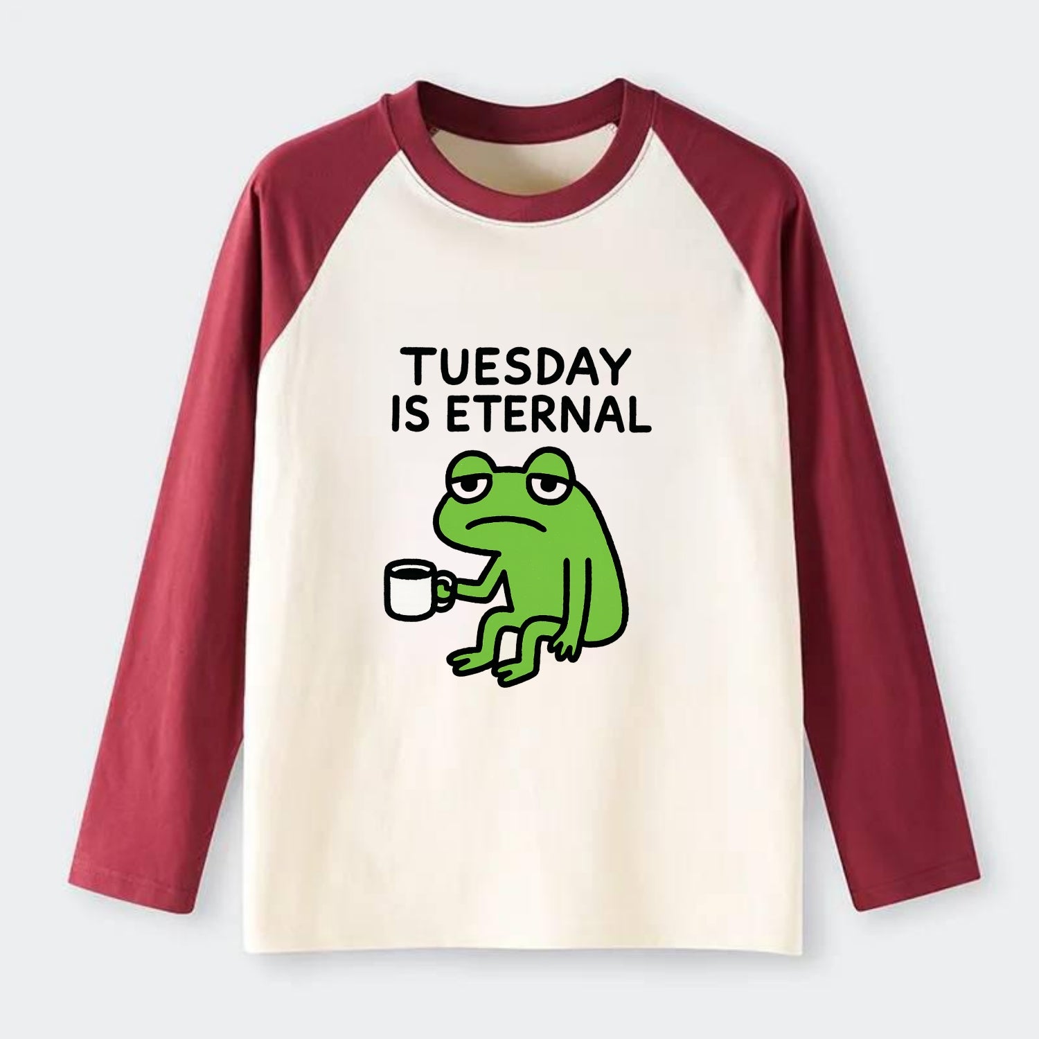 TUESDAY IS ETERNAL | Tired frog with coffee cup - Raglan Long Sleeve T-Shirt - Red